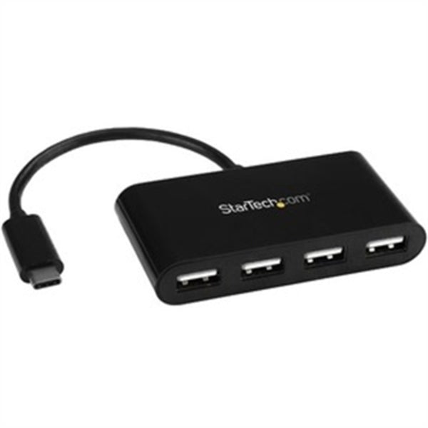 A black StarTech.com 4 Port USB C Hub - Mini Hub - USB-C to 4x USB-A - USB 2.0 Hub - USB Type C Hub - USB C to USB Hub - USB C Port Expander.