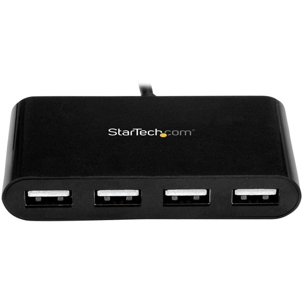 A black StarTech.com 4 Port USB C Hub - Mini Hub - USB-C to 4x USB-A - USB 2.0 Hub - USB Type C Hub - USB C to USB Hub - USB C Port Expander.