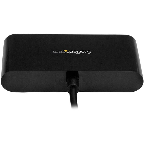 A black StarTech.com 4 Port USB C Hub - Mini Hub - USB-C to 4x USB-A - USB 2.0 Hub - USB Type C Hub - USB C to USB Hub - USB C Port Expander.
