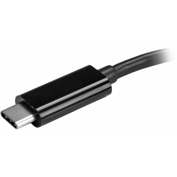 A black StarTech.com 4 Port USB C Hub - Mini Hub - USB-C to 4x USB-A - USB 2.0 Hub - USB Type C Hub - USB C to USB Hub - USB C Port Expander.