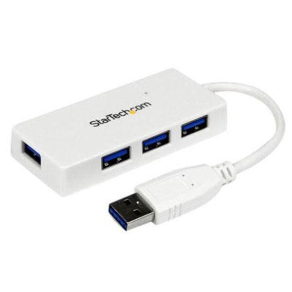 A white StarTech.com Portable 4 Port SuperSpeed Mini USB 3.0 Hub.