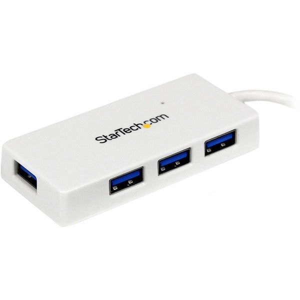 A white StarTech.com Portable 4 Port SuperSpeed Mini USB 3.0 Hub.
