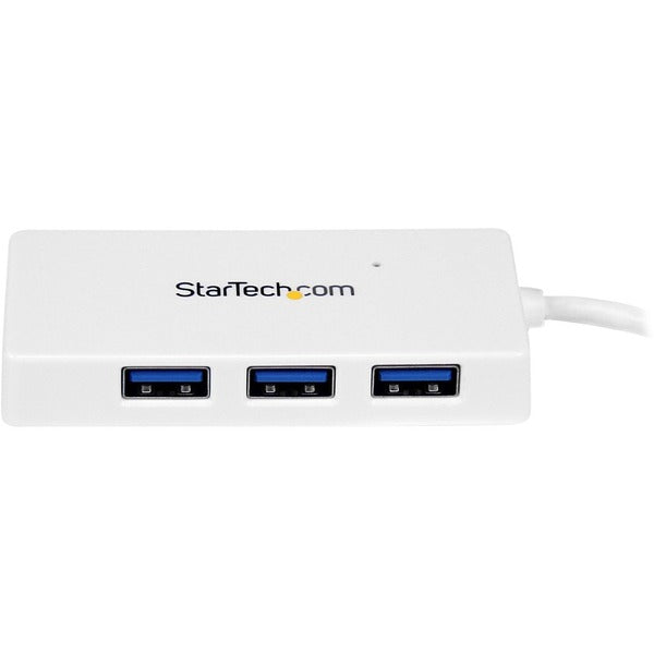 A white StarTech.com Portable 4 Port SuperSpeed Mini USB 3.0 Hub.