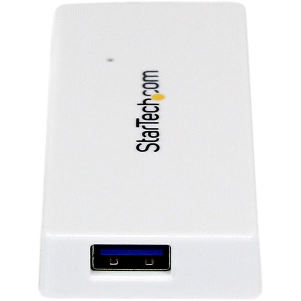 A white StarTech.com Portable 4 Port SuperSpeed Mini USB 3.0 Hub.