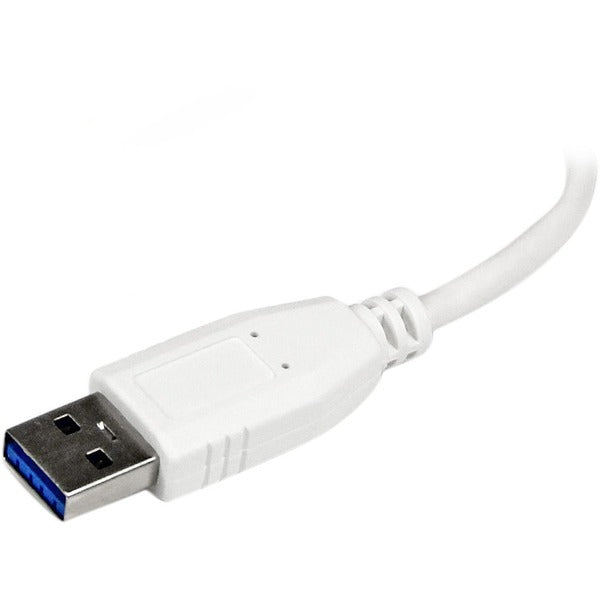 A white StarTech.com Portable 4 Port SuperSpeed Mini USB 3.0 Hub.