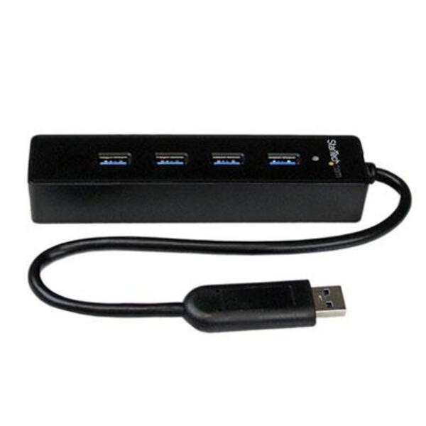 A black StarTech.com 4 Port Portable SuperSpeed USB 3.0 Hub with Built-in Cable with two usb ports.