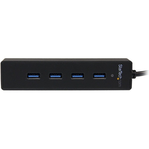 A black StarTech.com 4 Port Portable SuperSpeed USB 3.0 Hub with Built-in Cable with two usb ports.