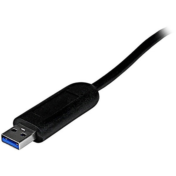 A black StarTech.com 4 Port Portable SuperSpeed USB 3.0 Hub with Built-in Cable with two usb ports.