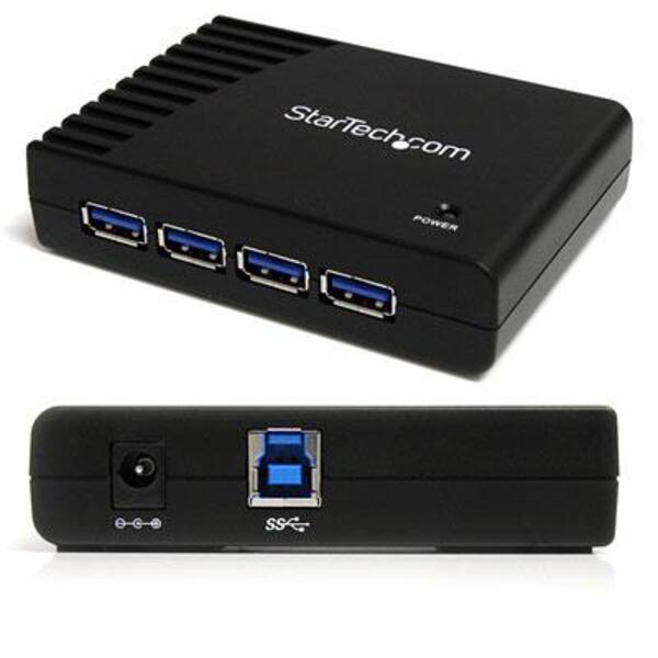 A StarTech.com 4 Port Black SuperSpeed USB 3.0 Hub with two usb ports.