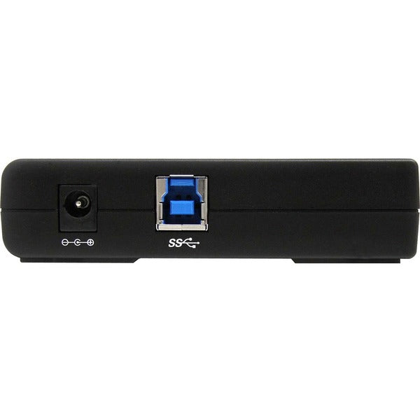 A StarTech.com 4 Port Black SuperSpeed USB 3.0 Hub with two usb ports.