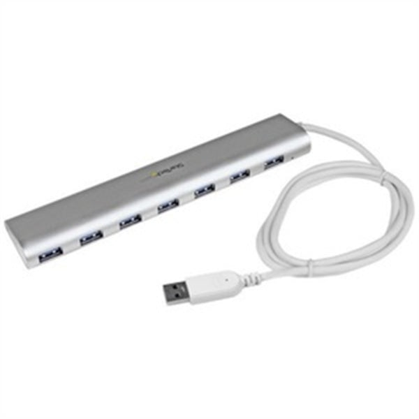 A StarTech.com 7 Port Compact USB 3.0 Hub with Built-in Cable - Aluminum USB Hub - Silver with four usb ports.