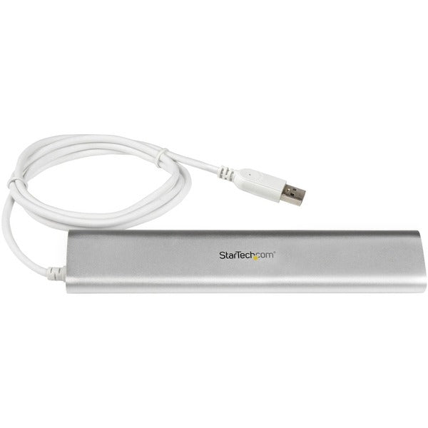 A StarTech.com 7 Port Compact USB 3.0 Hub with Built-in Cable - Aluminum USB Hub - Silver with four usb ports.