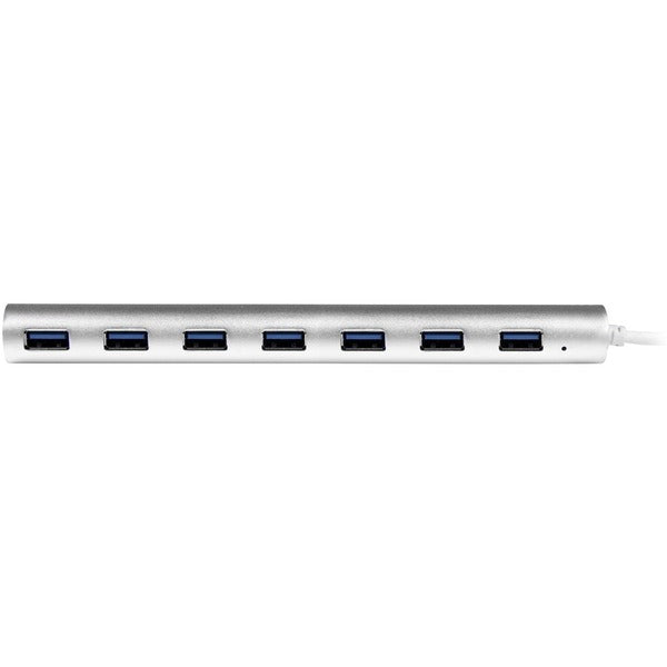 A StarTech.com 7 Port Compact USB 3.0 Hub with Built-in Cable - Aluminum USB Hub - Silver with four usb ports.