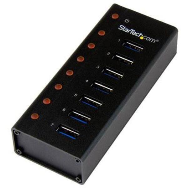 A black StarTech.com 7 Port USB 3.0 Hub - Desktop or Wall-mountable Metal Enclosure with four ports.