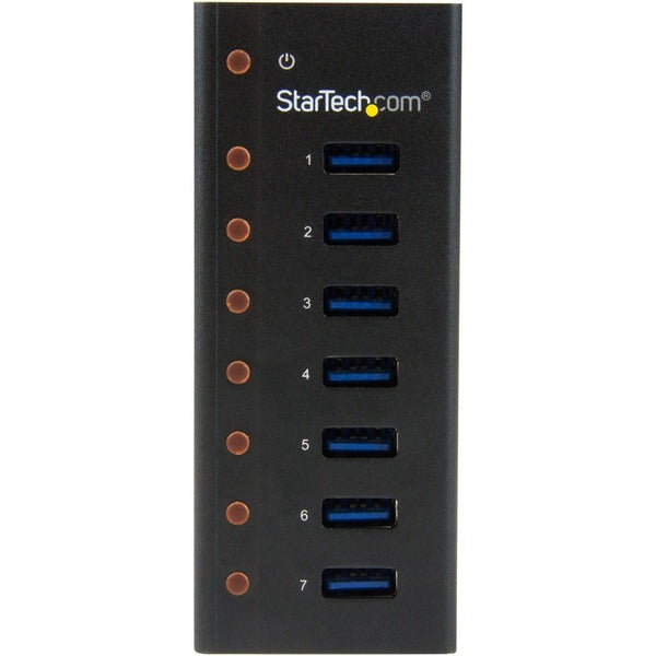 A black StarTech.com 7 Port USB 3.0 Hub - Desktop or Wall-mountable Metal Enclosure with four ports.