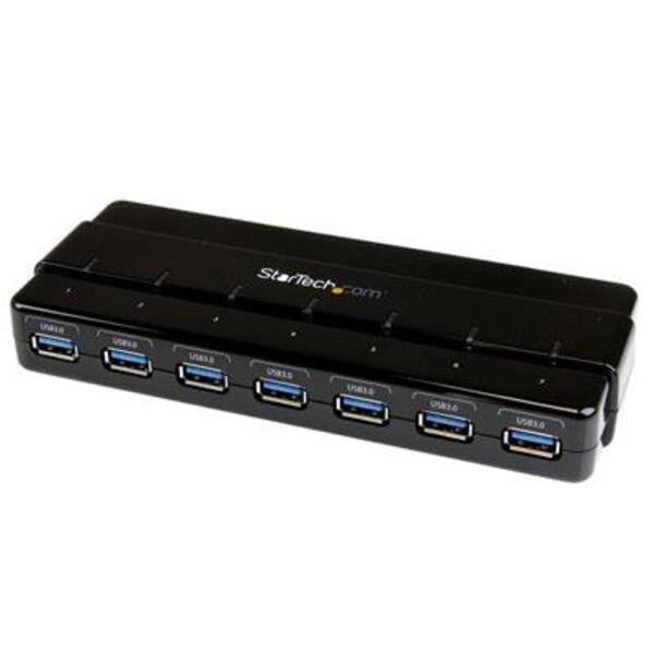 A StarTech.com 7 Port SuperSpeed USB 3.0 Hub - Desktop USB Hub with Power Adapter in black with six ports.
