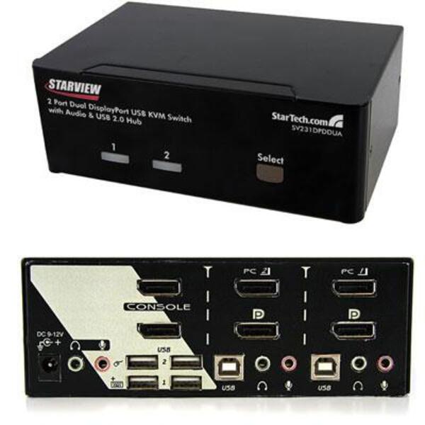 A StarTech.com 2 Port Dual DisplayPort USB KVM Switch with Audio hdmi to vga and hdmi to vga adapter.