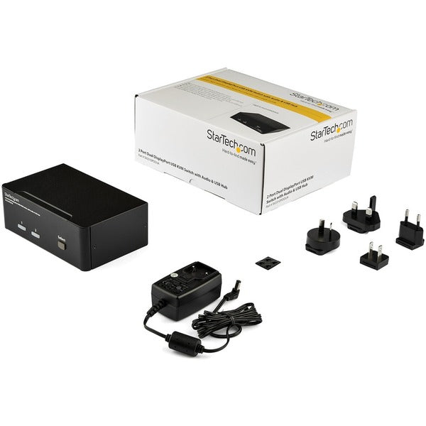 A StarTech.com 2 Port Dual DisplayPort USB KVM Switch with Audio hdmi to vga and hdmi to vga adapter.
