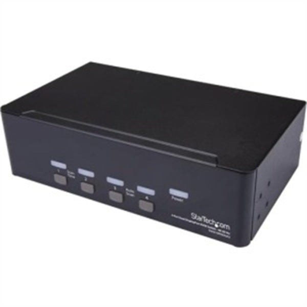 A black StarTech.com 4 Port Dual DisplayPort KVM Switch - DisplayPort 1.2 KVM - 4K 60Hz to vga switch.