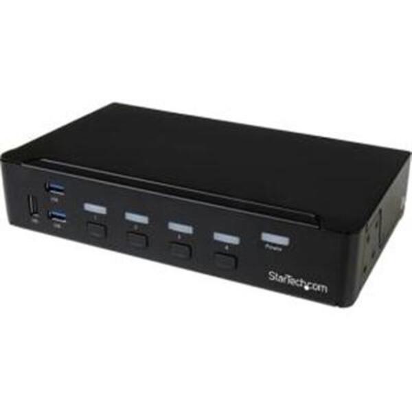 A StarTech.com 4-Port DisplayPort KVM Switch - DP KVM Switch with Built-in USB 3.0 Hub for Peripherals - 4K 30 Hz with four usb ports.