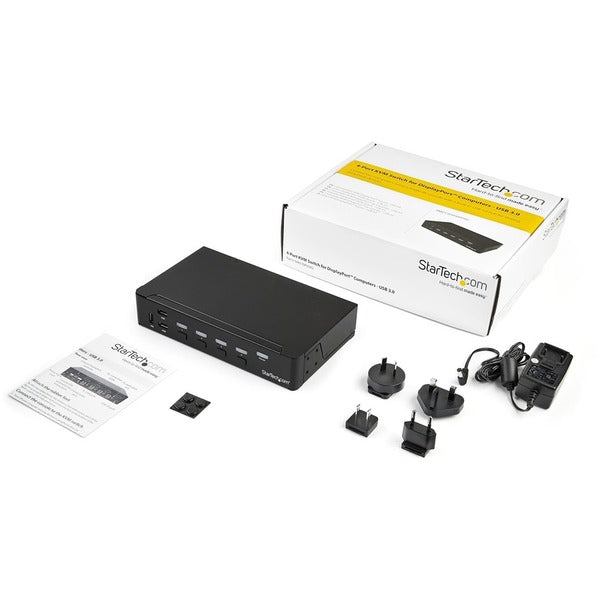 A StarTech.com 4-Port DisplayPort KVM Switch - DP KVM Switch with Built-in USB 3.0 Hub for Peripherals - 4K 30 Hz with four usb ports.