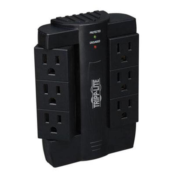 A Tripp Lite Surge Protector Swivel 6 Outlet Wallmount Direct Plug In 120V BK with four outlets.