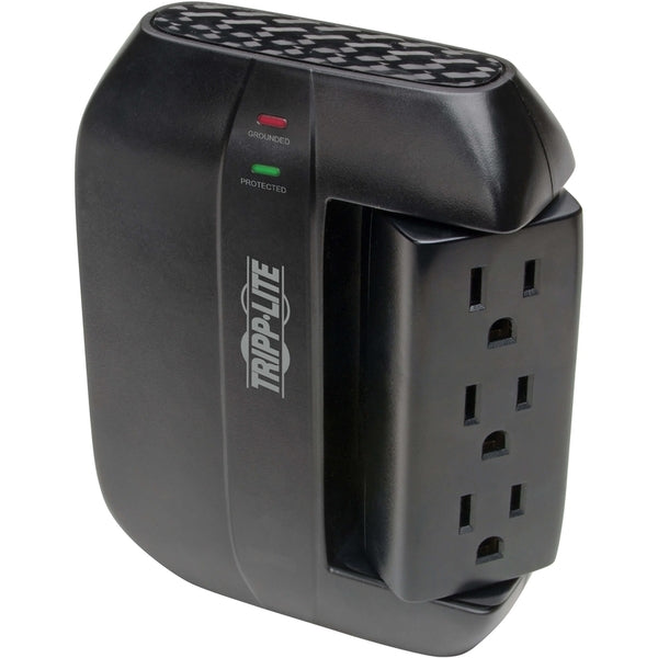 A Tripp Lite Surge Protector Swivel 6 Outlet Wallmount Direct Plug In 120V BK with four outlets.