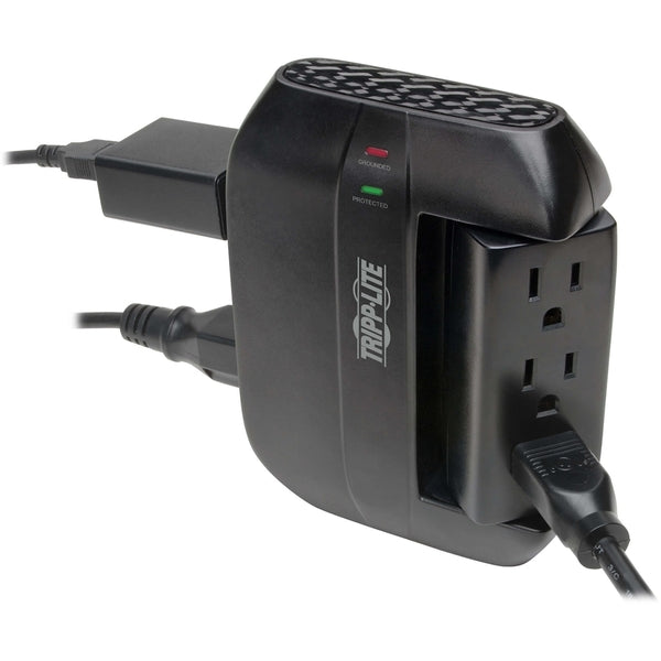 A Tripp Lite Surge Protector Swivel 6 Outlet Wallmount Direct Plug In 120V BK with four outlets.