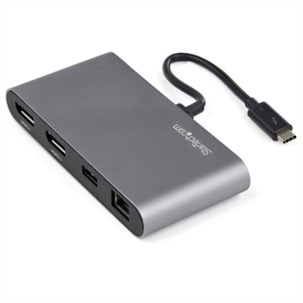 The StarTech.com Thunderbolt 3 Mini Dock - Portable Dual Monitor TB3 Docking Station DisplayPort 4K 60Hz - 1x USB-A, GbE - 28cm (11") Cable is connected to a usb cable.