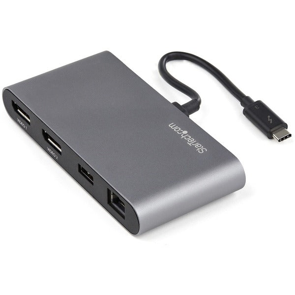 The StarTech.com Thunderbolt 3 Mini Dock - Portable Dual Monitor TB3 Docking Station DisplayPort 4K 60Hz - 1x USB-A, GbE - 28cm (11") Cable is connected to a usb cable.