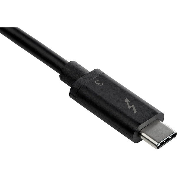 The StarTech.com Thunderbolt 3 Mini Dock - Portable Dual Monitor TB3 Docking Station DisplayPort 4K 60Hz - 1x USB-A, GbE - 28cm (11") Cable is connected to a usb cable.