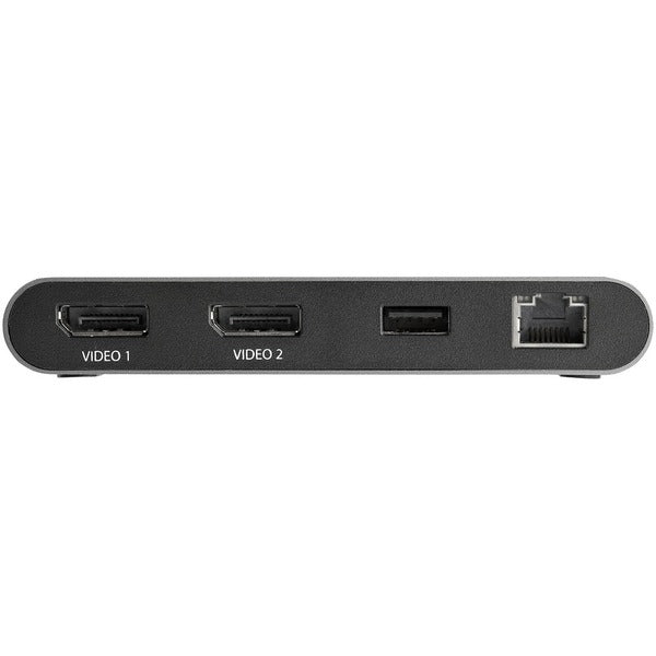 The StarTech.com Thunderbolt 3 Mini Dock - Portable Dual Monitor TB3 Docking Station DisplayPort 4K 60Hz - 1x USB-A, GbE - 28cm (11") Cable is connected to a usb cable.