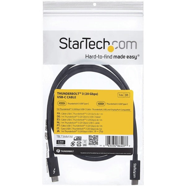 A pair of StarTech.com Thunderbolt 3 Cables - 3 ft / 1m - 4K 60Hz - 20Gbps - USB C to USB C Cable - Thunderbolt 3 USB Type C Charger Cables on a white background.