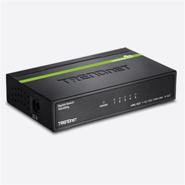 A TRENDnet 5-Port Unmanaged Gigabit GREENnet Desktop Metal Switch with a green light on it.
