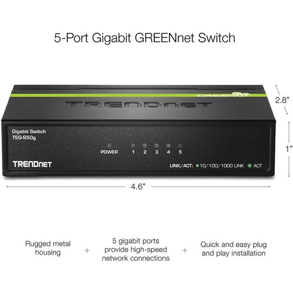 A TRENDnet 5-Port Unmanaged Gigabit GREENnet Desktop Metal Switch with a green light on it.