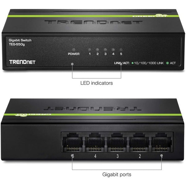 A TRENDnet 5-Port Unmanaged Gigabit GREENnet Desktop Metal Switch with a green light on it.