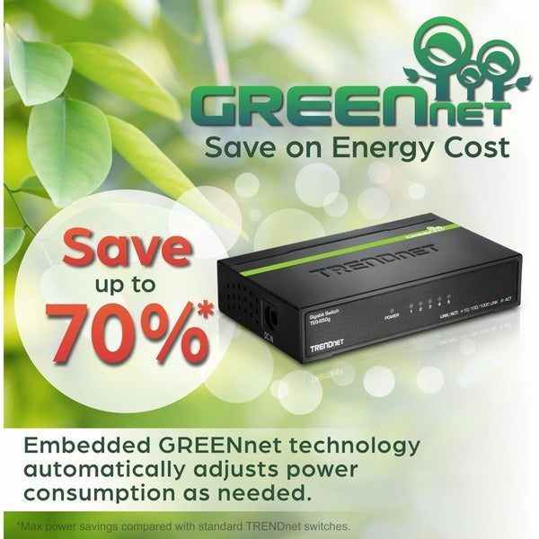 A TRENDnet 5-Port Unmanaged Gigabit GREENnet Desktop Metal Switch with a green light on it.