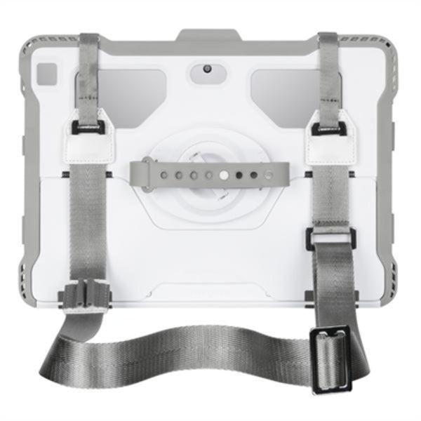 A Targus Healthcare THZ893GLZ Carrying Case Dell Notebook - White, Gray with a strap attached to it, making it both drop resistant and dust resistant.