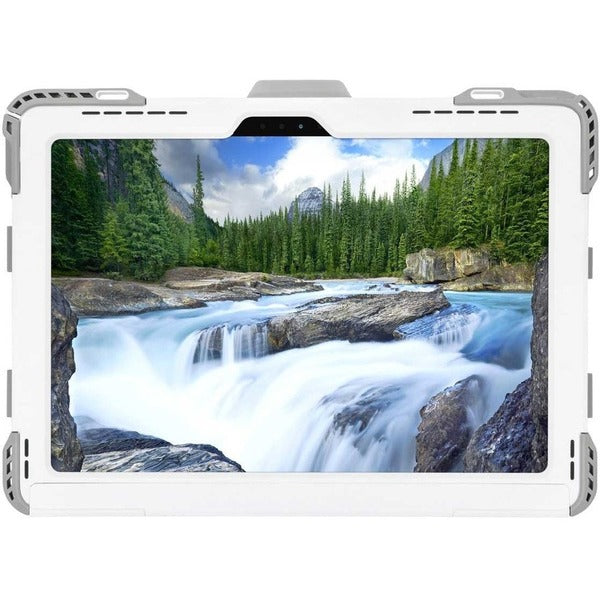 A Targus Healthcare THZ893GLZ Carrying Case Dell Notebook - White, Gray with a strap attached to it, making it both drop resistant and dust resistant.