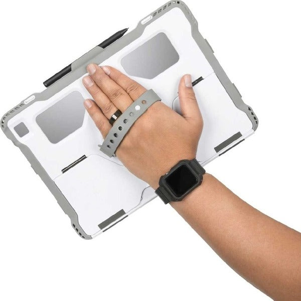 A Targus Healthcare THZ893GLZ Carrying Case Dell Notebook - White, Gray with a strap attached to it, making it both drop resistant and dust resistant.