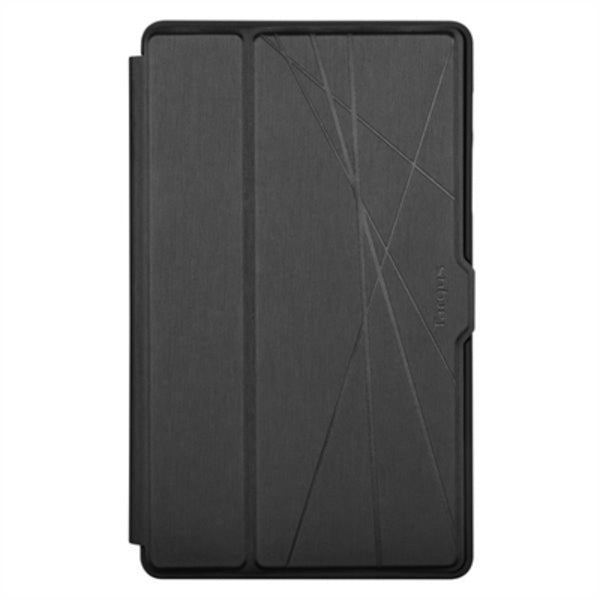 A black leather carrying case for the Targus Click-In THZ903GL Carrying Case (Flip) for 8.7" Samsung Galaxy Tab A7 Lite Tablet - Black, featuring an Anti-slip Interior.