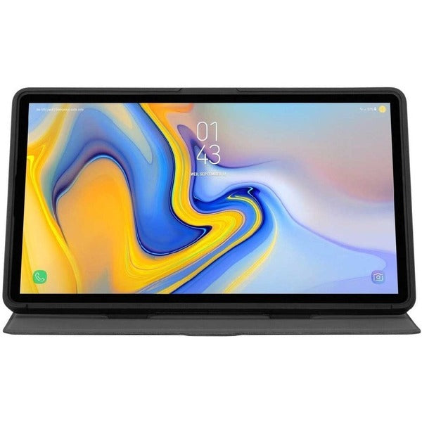 A black leather carrying case for the Targus Click-In THZ903GL Carrying Case (Flip) for 8.7" Samsung Galaxy Tab A7 Lite Tablet - Black, featuring an Anti-slip Interior.