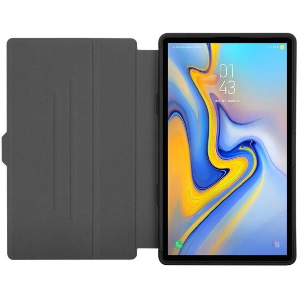 A black leather carrying case for the Targus Click-In THZ903GL Carrying Case (Flip) for 8.7" Samsung Galaxy Tab A7 Lite Tablet - Black, featuring an Anti-slip Interior.
