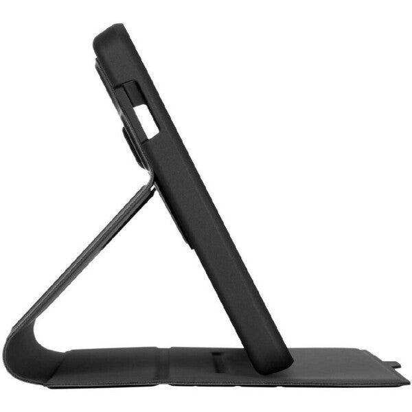 A black leather carrying case for the Targus Click-In THZ903GL Carrying Case (Flip) for 8.7" Samsung Galaxy Tab A7 Lite Tablet - Black, featuring an Anti-slip Interior.