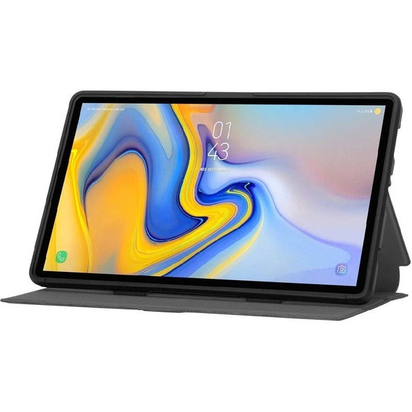 A black leather carrying case for the Targus Click-In THZ903GL Carrying Case (Flip) for 8.7" Samsung Galaxy Tab A7 Lite Tablet - Black, featuring an Anti-slip Interior.