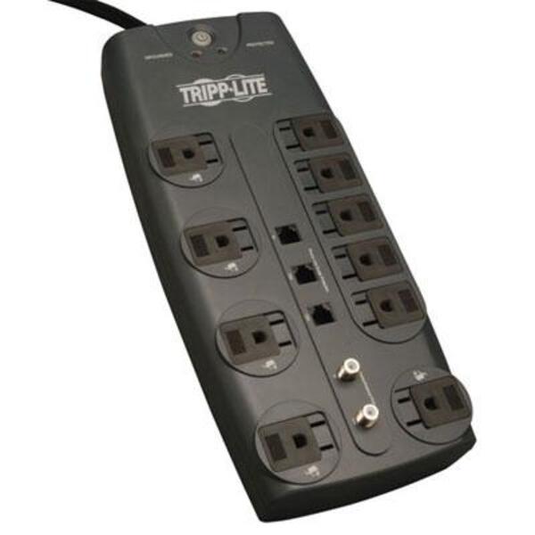 A Tripp Lite Surge Protector 120V 10 Outlet RJ11 Coax 8' Cord 3345 Joule with multiple outlets, surge suppressor and NEMA 5-15R.