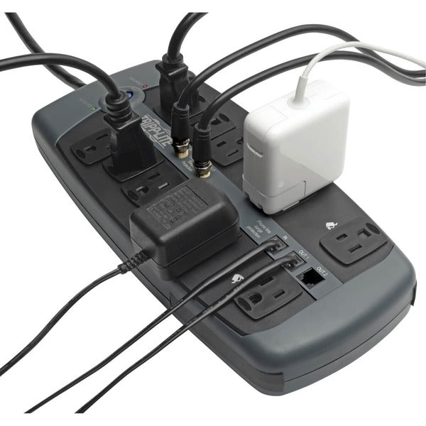 A Tripp Lite Surge Protector 120V 10 Outlet RJ11 Coax 8' Cord 3345 Joule with multiple outlets, surge suppressor and NEMA 5-15R.