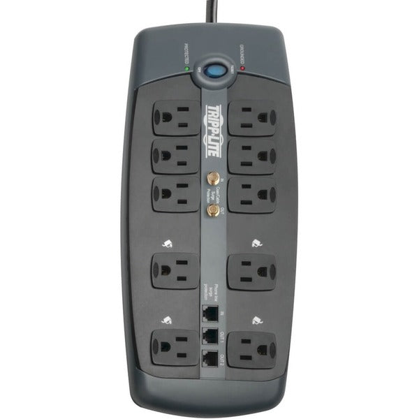 A Tripp Lite Surge Protector 120V 10 Outlet RJ11 Coax 8' Cord 3345 Joule with multiple outlets, surge suppressor and NEMA 5-15R.