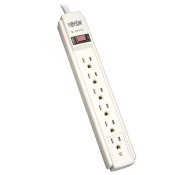 A white Tripp Lite Surge Protector Power Strip 120V 6 Outlet 4' Cord 790 Joule with three outlets.