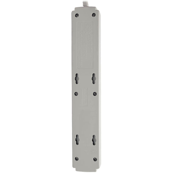 A white Tripp Lite Surge Protector Power Strip 120V 6 Outlet 4' Cord 790 Joule with three outlets.